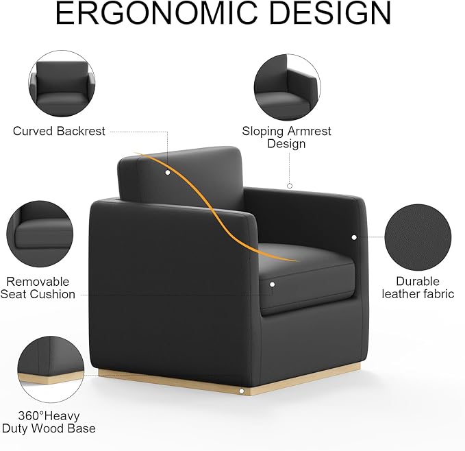 Sunny Heart Swivel Accent Chair, Velvet Swivel Barrel Chair,Club Chair with Wood Base, Modern Upholstered Armchair, Cozy Chairs for Living Room, Bedroom, Reading, Leather-Black