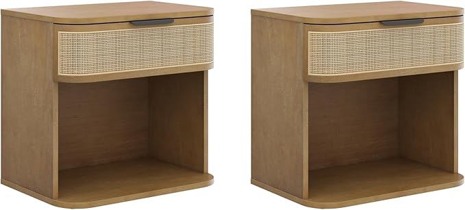 Nathan James Keith Farmhouse Bedside Table, Modern Coastal Nightstand, Rattan Nightstand with 1 Drawer for Bedroom, Light Brown Set of 2