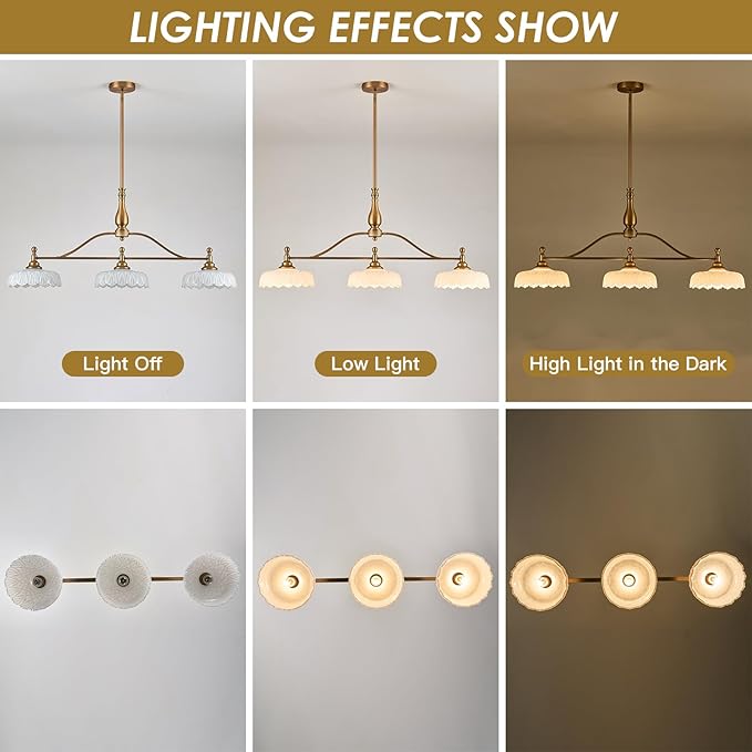 HDDFL Chandeliers Pendant Light Fixture Vintage Pendant Lighting Fixtures 3 Lights Chandelier Kitchen Glass Hanging Lamp for Island Dining Living Room Brass and White