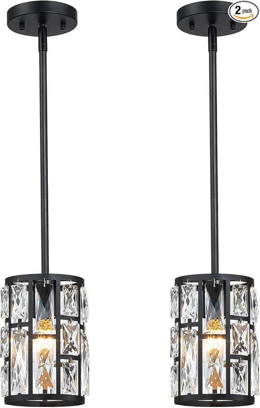 MEXO Modern Crystal Pendant Light Fixture 2-Pack Matte Black Finish Hanging Lighting Crystal Chandelier for Living Room, Kitchen