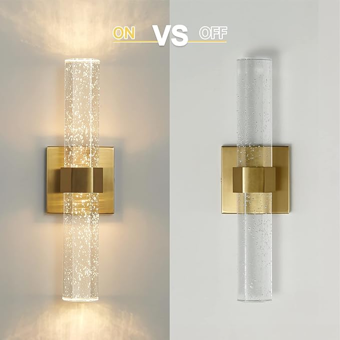 Wall Sconces Set of Two - Gold Sconces Wall Lighting 14W Dimmable LED Crystal Bathroom Light Fixture with Bubble Glass 15.7inch Indoor Vanity Lights for Bathroom Hallway Bedroom (2 Pack)