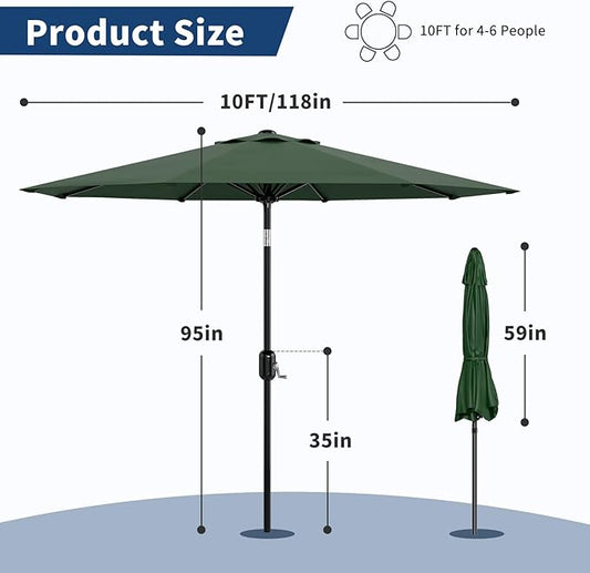 Garvee 10FT Patio Umbrella - Outdoor Table Umbrella with Crank Lift & Push Button Tilt - Market Umbrella 8 Sturdy Ribs UV Protection for Pool, Deck, Yard, Garden - Dark Green