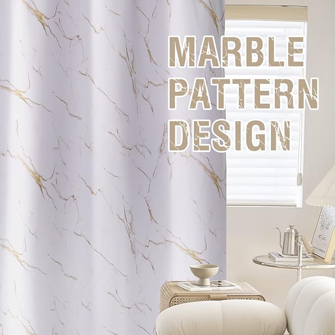 H.VERSAILTEX 100% Blackout Curtains 84 inch Length 2 Panels Set Marble Designs Printed Drapes Thermal Curtains for Bedroom with Black Liner Sound Proof Curtains, Gold
