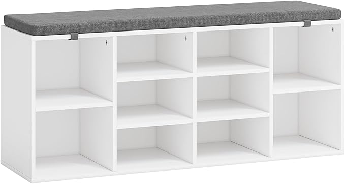 Shoe Bench, Storage Bench with Padded Seat, 10 Cubbies Storage Entryway Bench, for Living Room, Bedroom, Hallway,White