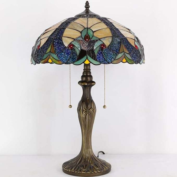 WERFACTORY Tiffany Table Lamp Yellow Liaison Stained Glass Bedside Lamp 16X16X24 Inches Desk Reading Light Metal Base Decor Bedroom Living Room Home Office S160E Series