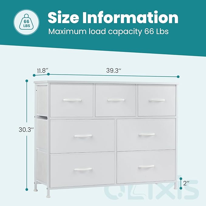 OLIXIS Dresser for Bedroom, 7 Storage Drawers, Wide Fabric Closet Chests Organizer Tower Furniture, TV Stand with Wooden Top Metal Frame for Clothes, Living Room, Hallway, Entryway, Classic White