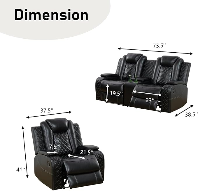 Power Recliner Loveseat and Chair, Air Leather Reclining Couch with LED/Cup Holders/Storage, 2 Pieces Reclining Living Room Furniture, Black Leather Loveseat and Chair for House/Apartment/Office