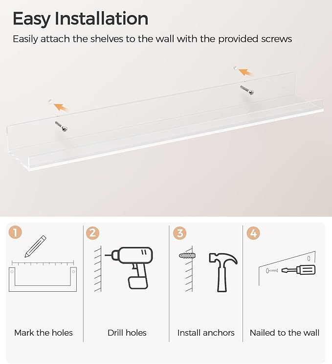 HBlife 24 Inches Floating Shelves Wall Mounted Clear Acrylic Shelves for Figures, Invisible Floating Bookshelf for Kids and Nursery, 8 Pack (5MM Thick)