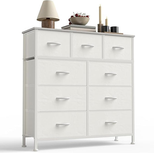 DUMOS 9 Drawer Dresser for Bedroom, Fabric Storage Organizer with Sturdy Metal Frame, Wooden Top Chest of Drawers for Closet Entryway Guest Room,White