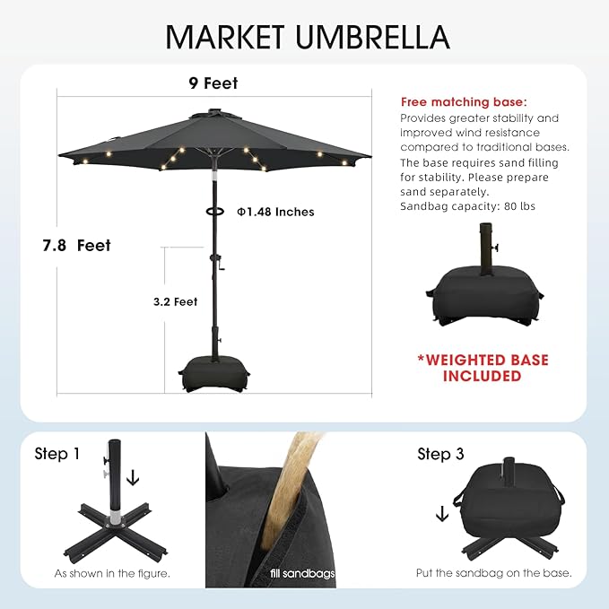 wikiwiki 9FT Solar Led Patio Umbrella with Base Included, 32 LED Lights, 8 Sturdy Ribs, Fade Resistant Waterproof POLYESTER DTY Canopy for Garden, Lawn, Deck, Backyard & Pool, Dark Gray