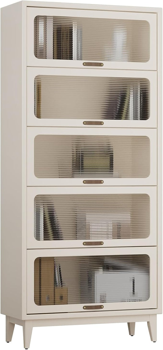 71'H Solid Wood Bookcase,5 White Book case with Glass Doors,Wooden Pantry Cabinet for Kitchen,Freestanding Display Storage Shelves for Collectibles, Living Room Bedroom Home Office