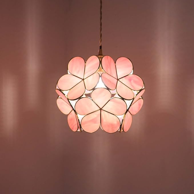 Bieye L10965 Petals Tiffany Style Stained Glass Ceiling Pendant Light with 12-inch Wide Lampshade (Pink, 12" Cherry Blossom)