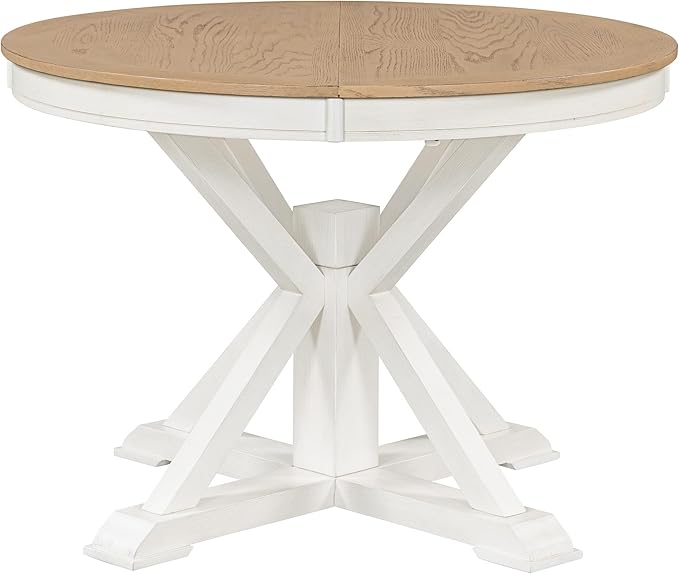 ERYE Retro Style Round Dining Table Functional Wooden Extendable Oval Dining Table with 12" Leaf and Natural Wood Grain Variation Tabletop