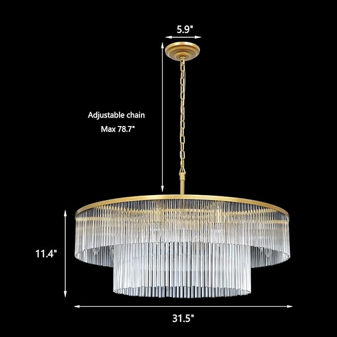 Gold Glass Chandelier Lighting Modern, 10 Light 2 Tier High Ceiling Chandelier Fixture Foyer Dining Room Ceiling Hanging Pendant Lighting Living Room 32"