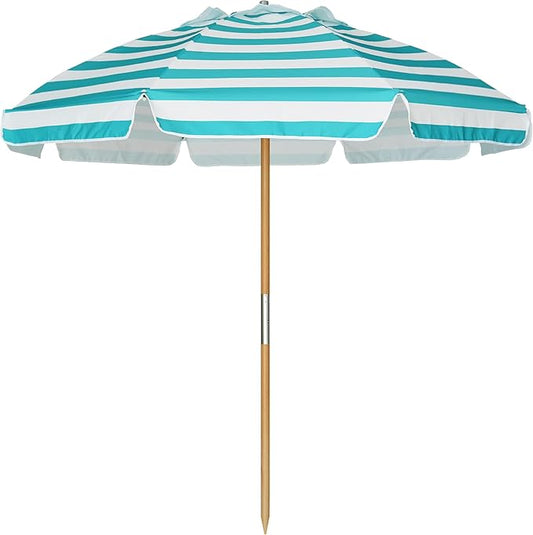 AMMSUN 7.5ft Heavy Duty HIGH Wind Beach Umbrella Commercial Grade Patio Beach Umbrella with Air Vent Ash Wood Pole & Carry Bag Turquoise White