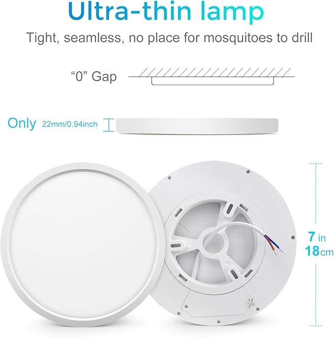 LightingWill 7 Inch LED Flush Mount Ceiling Light Fixture, 5000K Daylight White, 1500LM, 12W, Flat Modern Round Lighting Fixture, 120W Equivalent White Ceiling Lamp for Kitchens, Bedrooms.etc.
