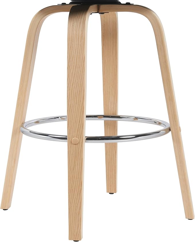 Armen Living Sonia Modern Swivel Bar Height Stool with Black Upholstered Seat and Patterned Oak Wood Finish