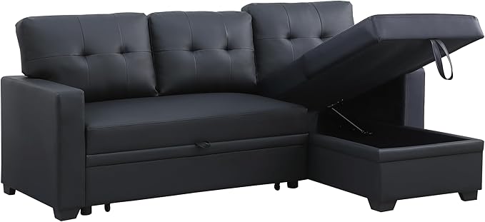 ERYE 82-inch Pull Out Sleeper Couch Bed, L-Shaped Reversible Sleeper Sectional Sofa Faux Leather Tufted Upholstered Corner Convertible Sofa Bed with Storage Chaise