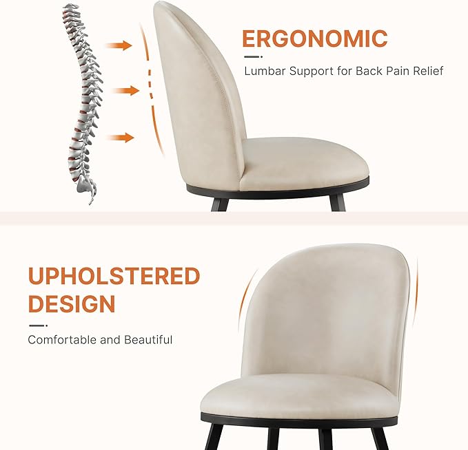 Dining Chairs Set of 2, Faux Leather Upholstered Dining Room Chairs with Ergonomic Backrest & Metal Legs, Modern Kitchen Side Chairs for Home, Restaurant, and Café, Beige