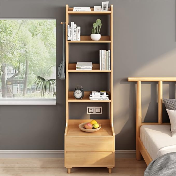 IOTXY Oak Bedside Table Bookshelf - 71" Tall Free Standing Wooden Open Shelf Bookcase with Drawers and 4-Shelves for Bedroom, Bed Side End Table, Nightstand