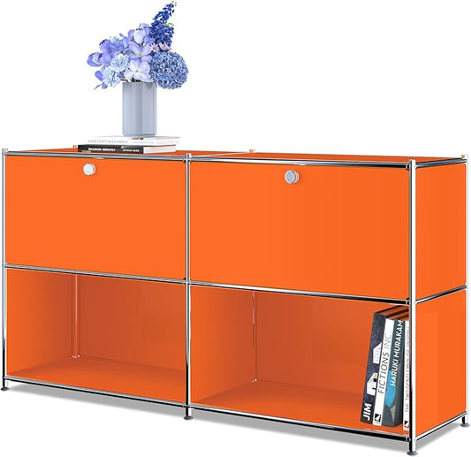 Metal Sideboard with 2 Flap Doors, DIY Modern Home Furnishing,Perfect for Home, Office, Kitchen, Hallway,Foyer Organization(Matt Orange)