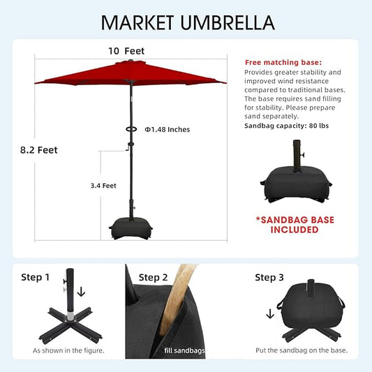 wikiwiki 10FT Patio Umbrella with Base, Outdoor Umbrellas with Base Included, 8 Sturdy Ribs, Waterproof Fade Resistant POLYESTER DTY Canopy for Deck, Lawn, Garden, Backyard & Pool, Red