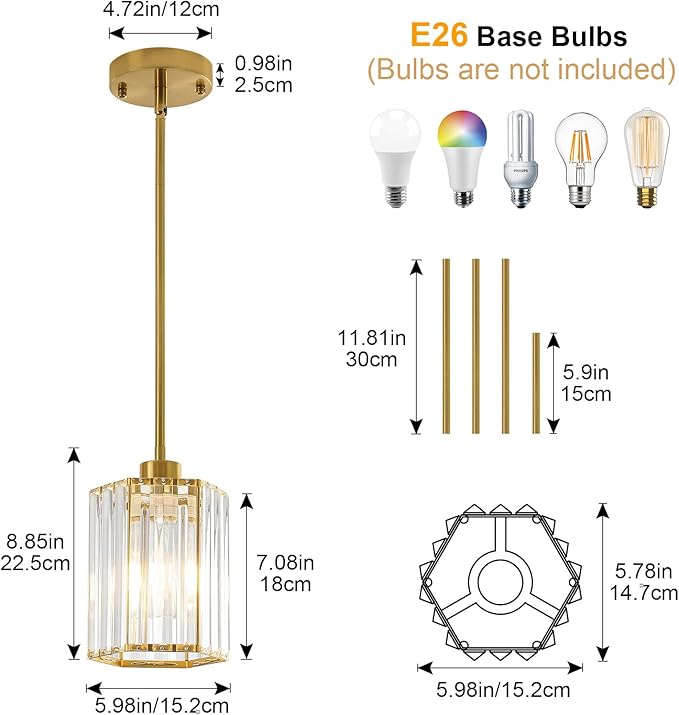 2 Pack Crystal Pendant Lights, Brushed Gold Kitchen Hanging Pendant Light Fixtures, Modern Hexagonal Crystal Pendant Lighting for Kitchen Island, Dining Room, Hallway, Foyer, Entryways