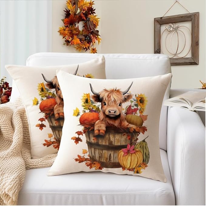 RABUSOFA Fall Decor Pillow Covers 18x18 Inch Highland Cow Autumn Decorations for Home Outdoor Thanksgiving Hello Pumpkin Sunflower Decor Decorative Throw Pillow Cases for Couch Burnt Orange
