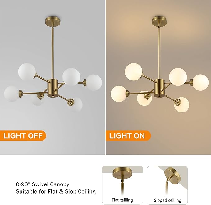 WINGBO 6-Light Sputnik Chandelier, Modern Pendant Light Fixture with 4.7" Opal White Glass Globe Shade for Flat and Slop Ceiling, Height Adjustable for Kitchen Living Room Dining Room Bedroom, Gold