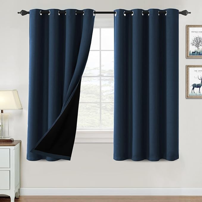 H.VERSAILTEX 100% Blackout Curtains for Bedroom Thermal Insulated Blackout Curtains 63 inch Length Full Light Blocking Curtains for Living Room with Black Liner 2 Panels Set, Navy