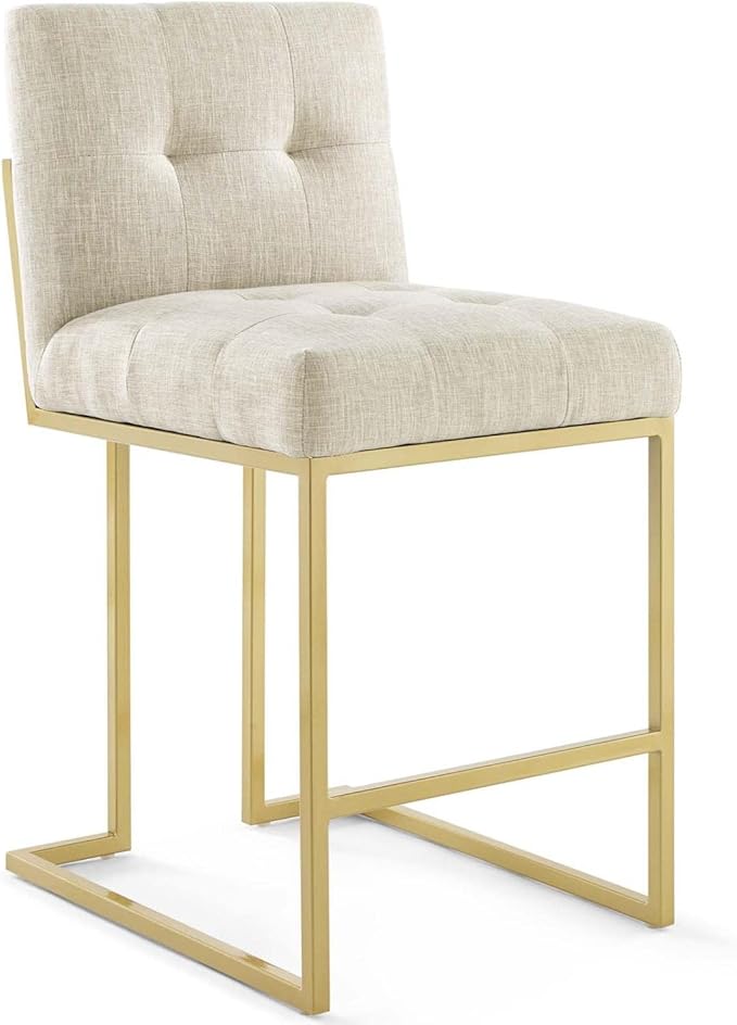 Modway Privy Stainless Steel Upholstered Fabric Counter Stool Set of 2, Gold Beige
