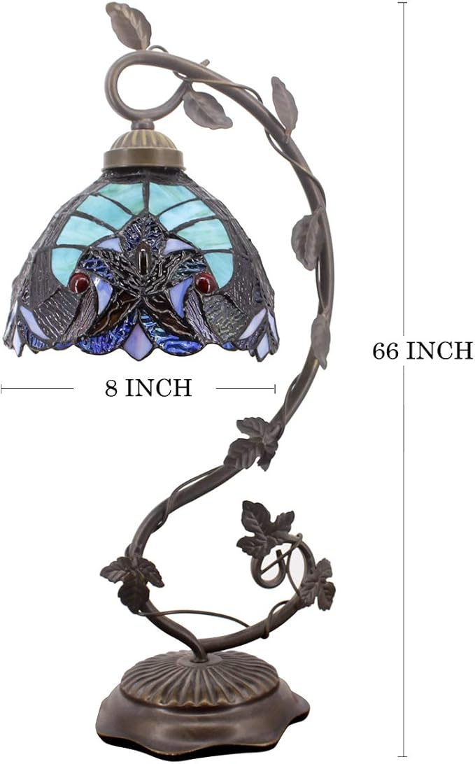 WERFACTORY Stained Glass Lamp Tiffany Style Bedside Table Lamp Reading Desk Light, Metal Leaf Base 8X10X21 Inches Decor Small Space Bedroom Home Office S160G Series