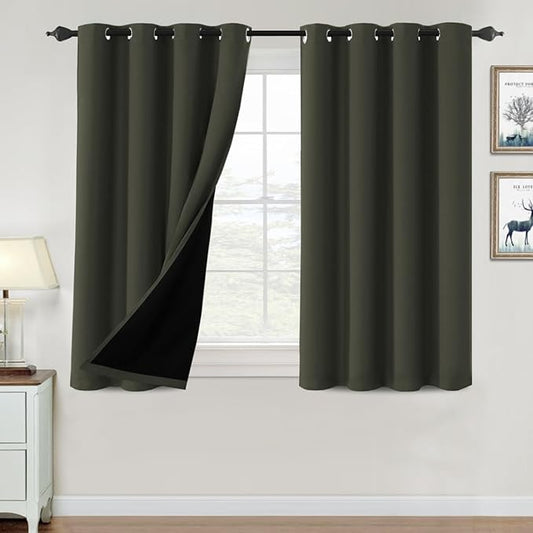 H.VERSAILTEX 100% Blackout Curtains for Bedroom Thermal Insulated Blackout Curtains 45 inch Length Full Light Blocking Window Drapes for Living Room with Black Liner 2 Panels, Olive