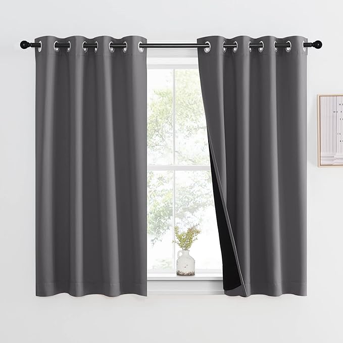 NICETOWN 100% Blackout Curtain with Black Liners, Thermal Insulated Full Blackout 2-Layer Lined Drape, Noise Cancellation Window Drapery for Dining Room (Grey, 1 Panel, 46-inch W by 54-inch L)