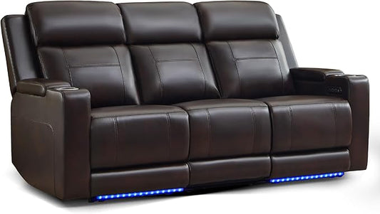 Power Recliner Sofa with Adjustable Headrest, Electric Reclining Couch with LED Light/Armrest Storage, USB & Type-C, Power Loveseat Recliner Sofa for Living Room, Bedroom(Brown, 3 Seater)