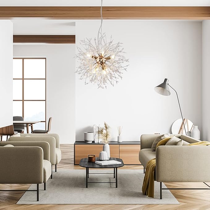 Firework Crystal Chandeliers, 8-Light Gold Dandelion Chandelier Lighting, 15.7" Stainless Steel Small Sputnik Chandelier Lights for Kitchen Island Bedroom
