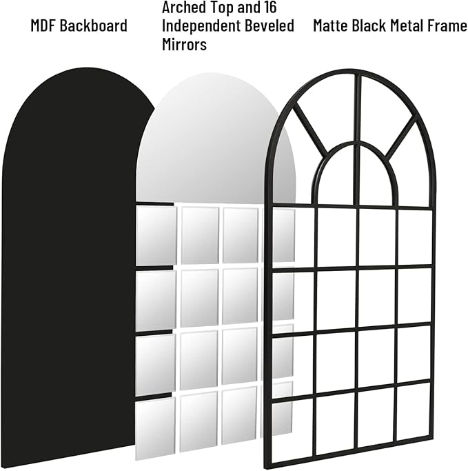 Black Arched Window Mirror, Large Window Pane Mirror with Beveled, Metal Framed Windowpane Mirrors, 28.5" X 50" Arched Wall Mirrors for Wall Decor, Entryway, Living Room