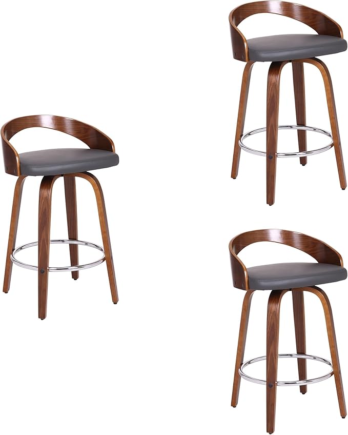 Armen Living Sonia 26" Counter Height Swivel Gray Faux Leather and Walnut Wood Bar Stool - Set of 3