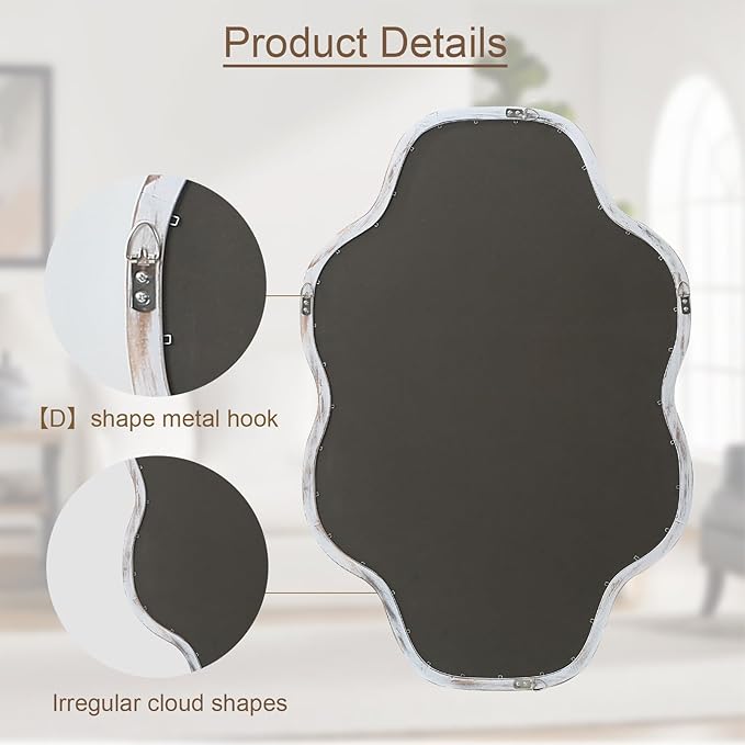 ULIKE Wall Mirror 24"x36" White Wavy Natural Wood Frame – Irregular Cloud Shape Vanity Mirror for Bathroom Bedroom Living Room Entryway