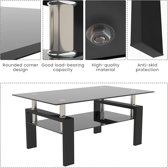 DKLGG Glass Coffee Table, Rectangle Center Table Living Room Tables with Lower Shelf, 2-Tier Modern Black Coffee Table w/Metal Tube Legs, Glass Tables for Living Room Waiting Area, All Black