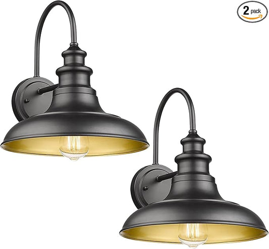 Outdoor Barn Light Fixture, 12.3 Inch Large Dome Farmhouse Wall Mount Light Wall Sconce Exterior Wall Lighting Fixture Industrial Black Finish Lantern with Gold Interior for Porch Garage Patio, 2 Pack