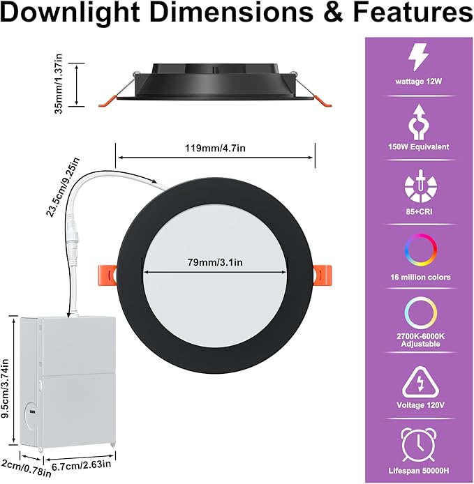 Smart Recessed Lighting 4 Inch RGBCW Color Changing 12W LED Downlight with Junction Box,1080 Lumen Recessed Ceiling Light Compatible with Alexa,Dimmable by Bluetooth Control -12Pack