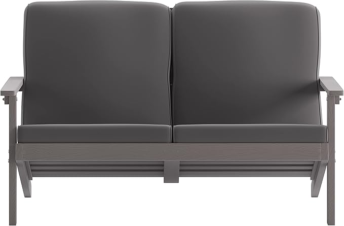 Flash Furniture Charlestown Adirondack Style Deep Seat Patio Loveseat with Cushions - Gray Poly Resin Frame - Gray All-Weather Cushions - Indoor/Outdoor