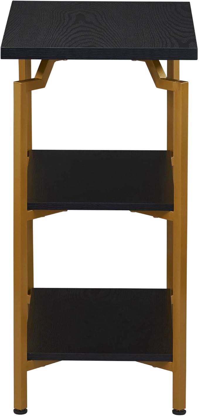Household Essentials Crown Narrow 3 Shelf Open Storage Bookshelf Black Oak Wood Grain and Gold Metal