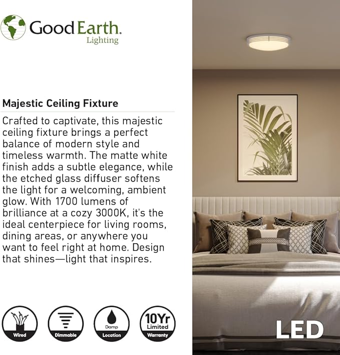 Good Earth Lighting Majestic Ceiling Fixture, 14-inch, 1700 Lumens, Dimmable, Matte White