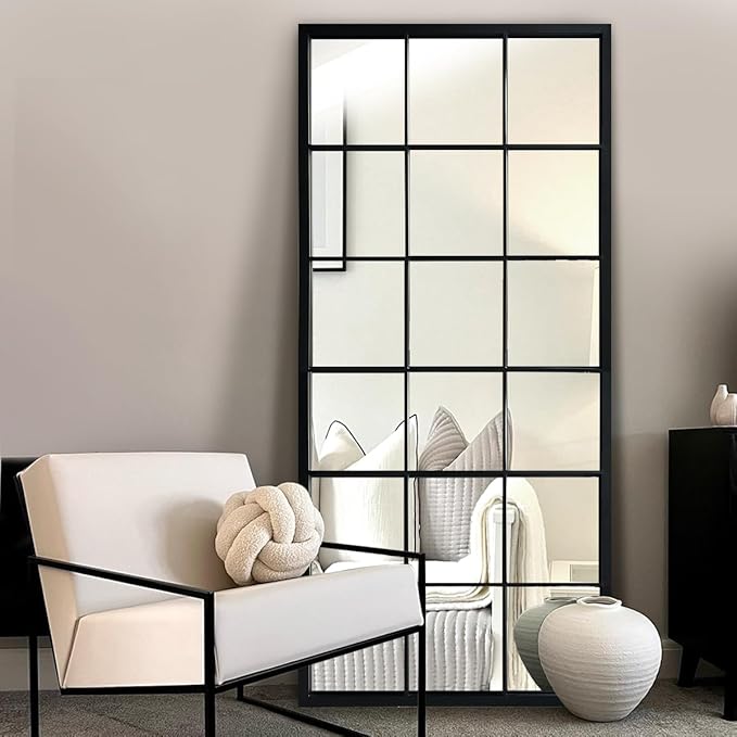 Balck Full Length Mirror,Window Pane Grid Minimalism Long Floor Wall Mounted Mirrors for Entryway,Hallway,Living Room,Fireplace 22"X53"