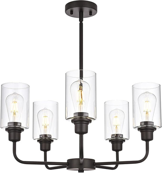 VINLUZ 5-Light Oil-Rubbed Chandelier with Clear Glass Shades, E26 Base Modern Pendant Light Fixture, Adjustable Swivel Heads Ceiling Lighting, Farmhouse Chandelier for Dining Room Kitchen Hallway