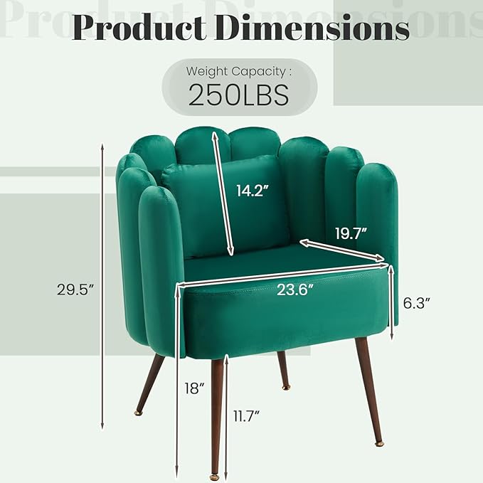 HOMREST Velvet Vanity Chair with Back,Mid-Century Modern Small Accent Chair for Living Room,Petal Backrest Decorative Chair,Pillow & Metal Legs-Plush Lounge Chair for Vanity,Living Room,Bedroom-Green