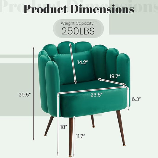 HOMREST Velvet Vanity Chair with Back,Mid-Century Modern Small Accent Chair for Living Room,Petal Backrest Decorative Chair,Pillow & Metal Legs-Plush Lounge Chair for Vanity,Living Room,Bedroom-Green