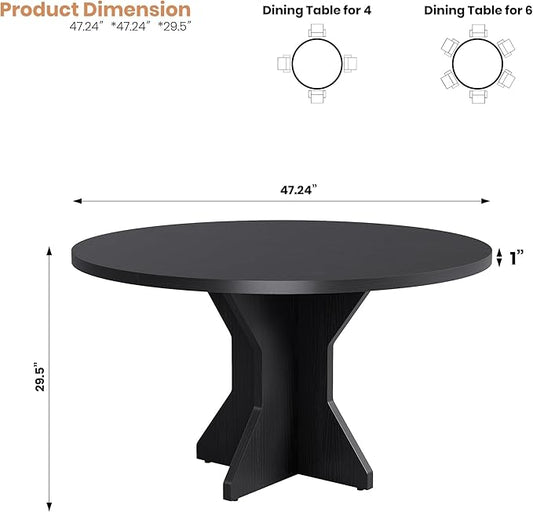 IDEALHOUSE Round Dining Table, 47" Kitchen Table for 4-6 People, Circle Tables with Sturdy Pedestal Base, Space Saving Dinning Room Furniture for Living Room, Kitchen, Apartment, Black